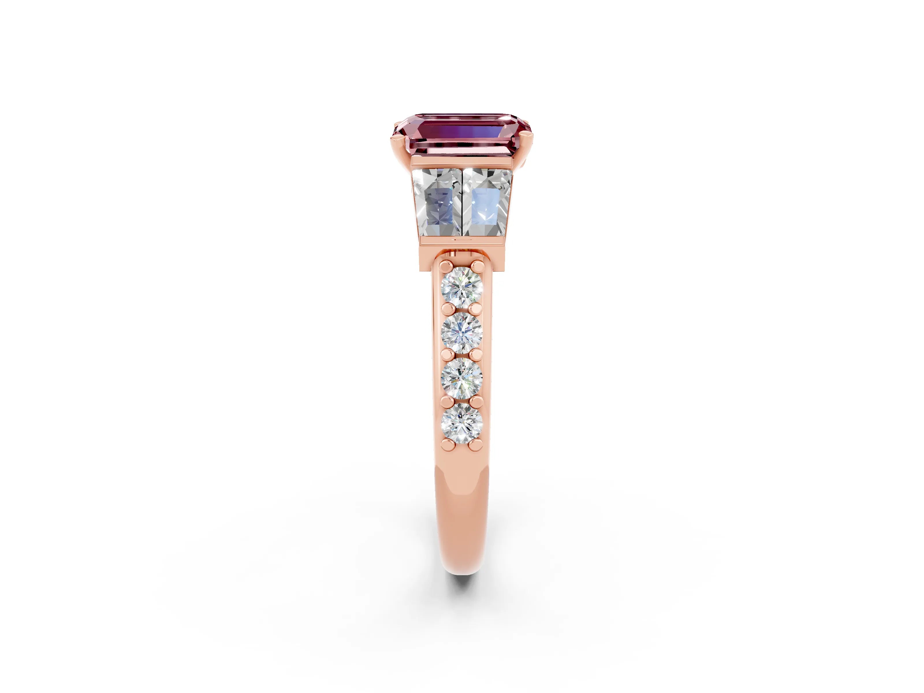 Rose gold Emerald Cut Morganite Engagement Ring with Baguette Side Stones and Channel Set Band_2