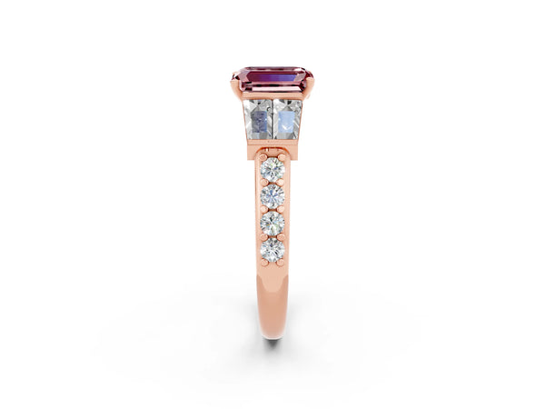 Rose gold Emerald Cut Morganite Engagement Ring with Baguette Side Stones and Channel Set Band