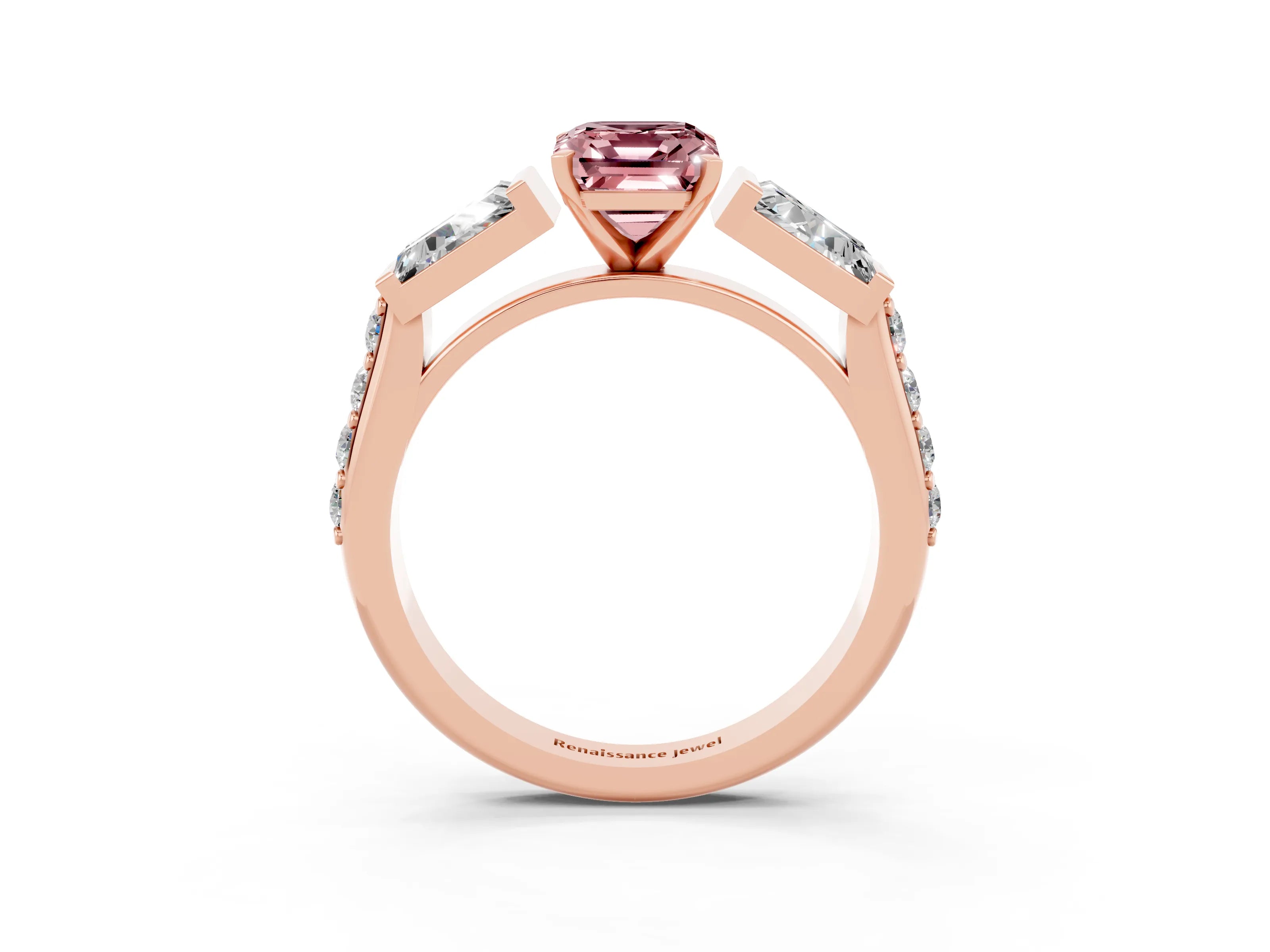 Rose gold Emerald Cut Morganite Engagement Ring with Baguette Side Stones and Channel Set Band_3