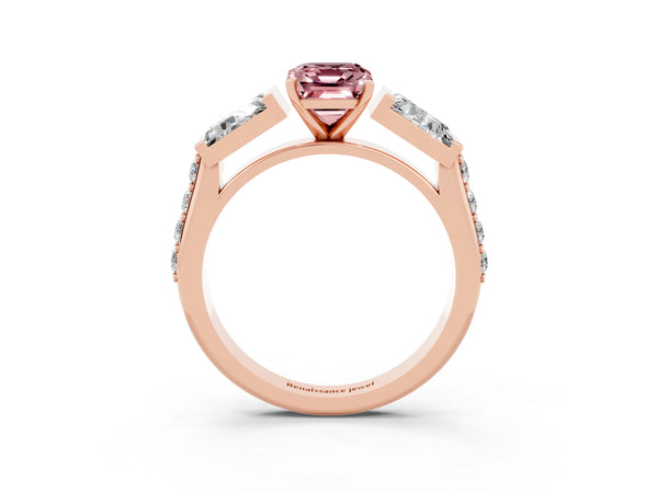 Rose gold Emerald Cut Morganite Engagement Ring with Baguette Side Stones and Channel Set Band