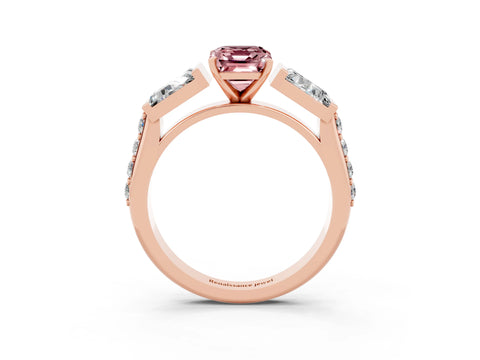 Rose gold Emerald Cut Morganite Engagement Ring with Baguette Side Stones and Channel Set Band_3
