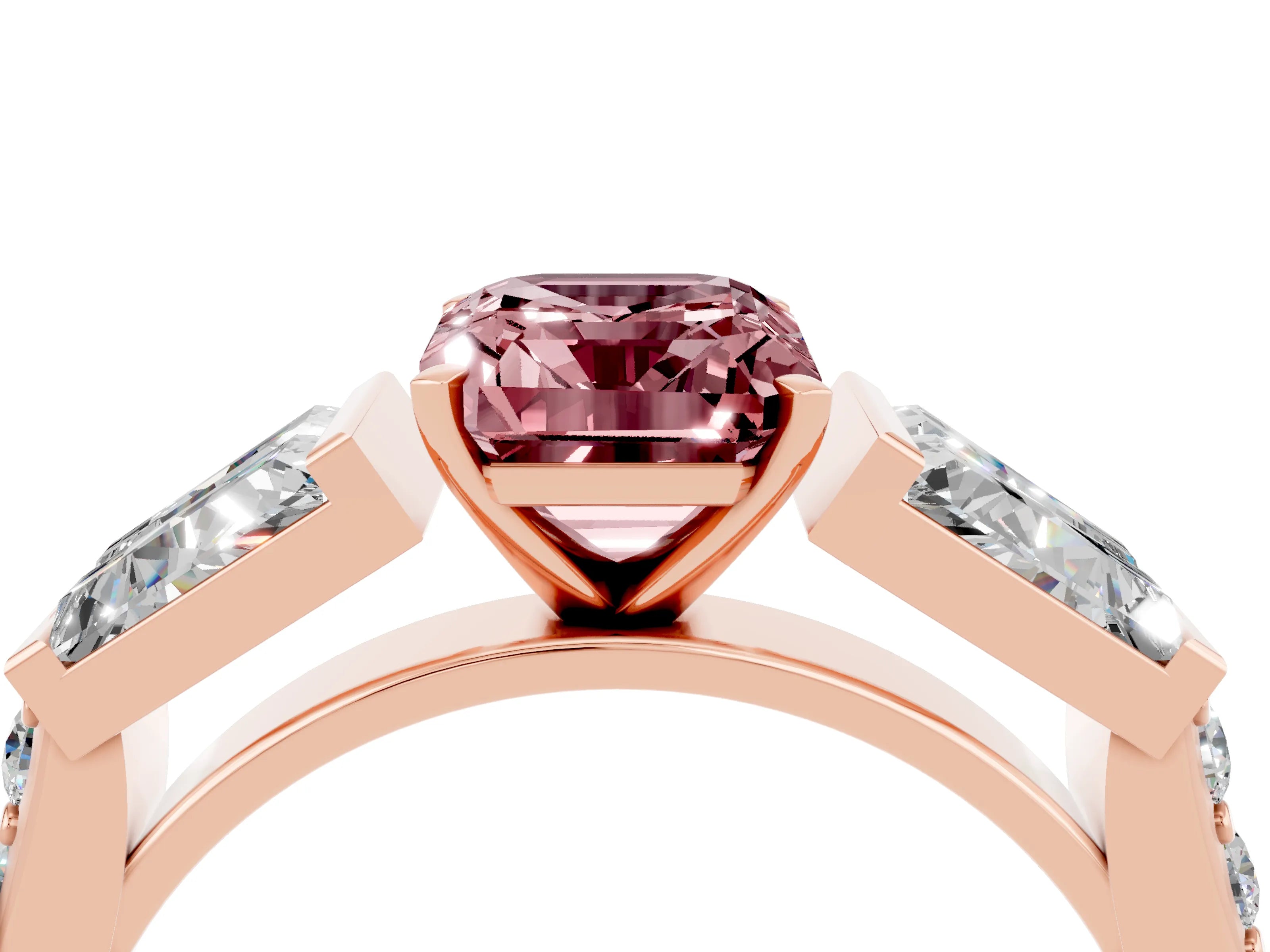 Rose gold Emerald Cut Morganite Engagement Ring with Baguette Side Stones and Channel Set Band_4