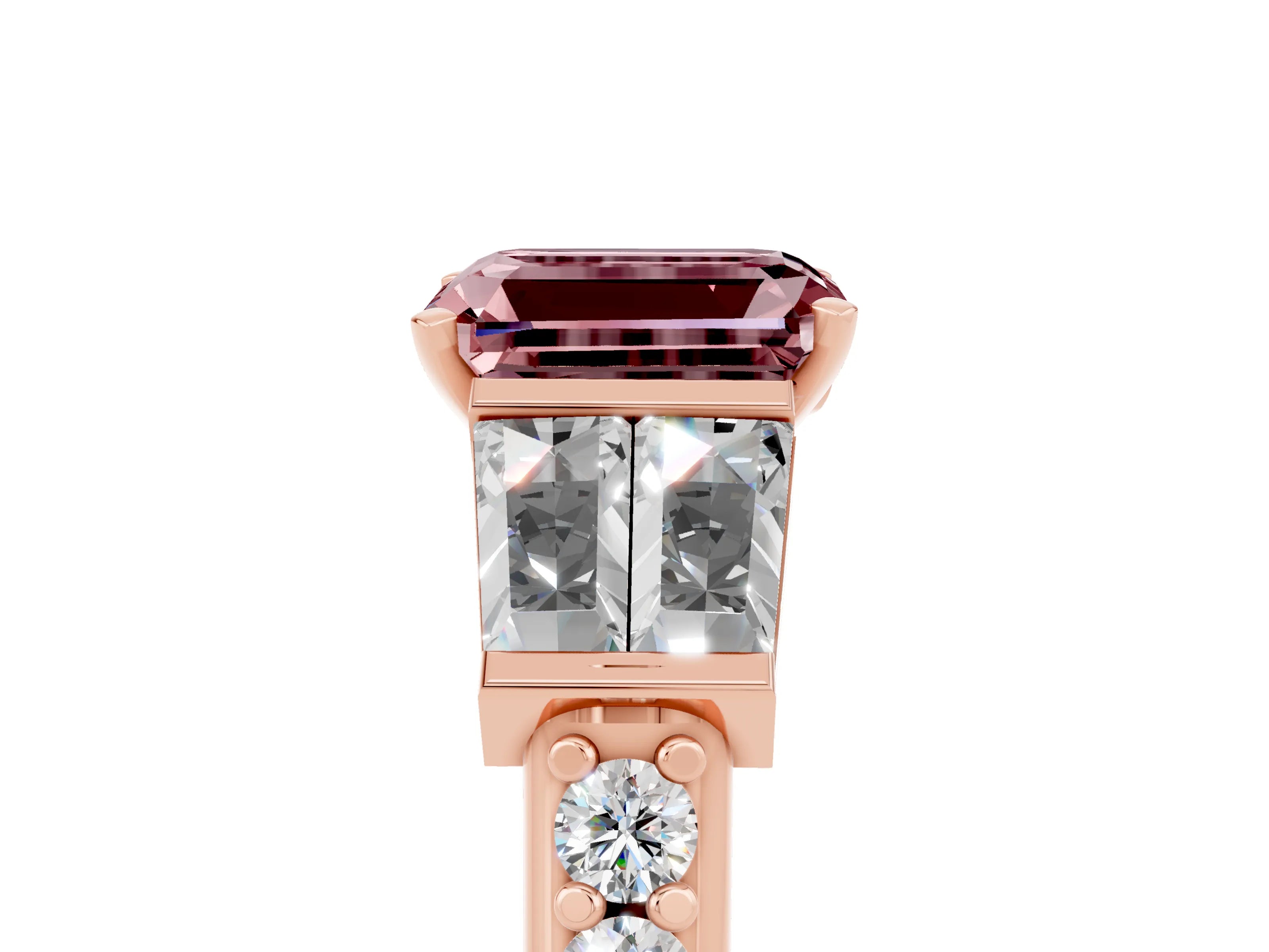 Rose gold Emerald Cut Morganite Engagement Ring with Baguette Side Stones and Channel Set Band_5