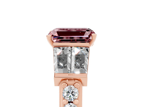 Rose gold Emerald Cut Morganite Engagement Ring with Baguette Side Stones and Channel Set Band_5