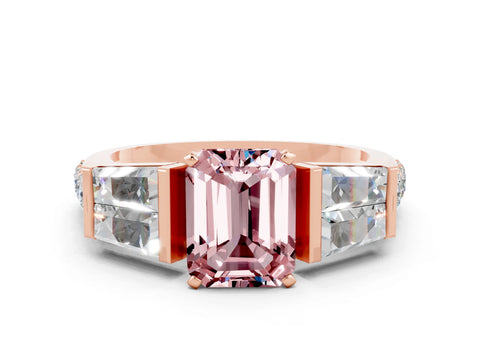 Rose gold Emerald Cut Morganite Engagement Ring with Baguette Side Stones and Channel Set Band