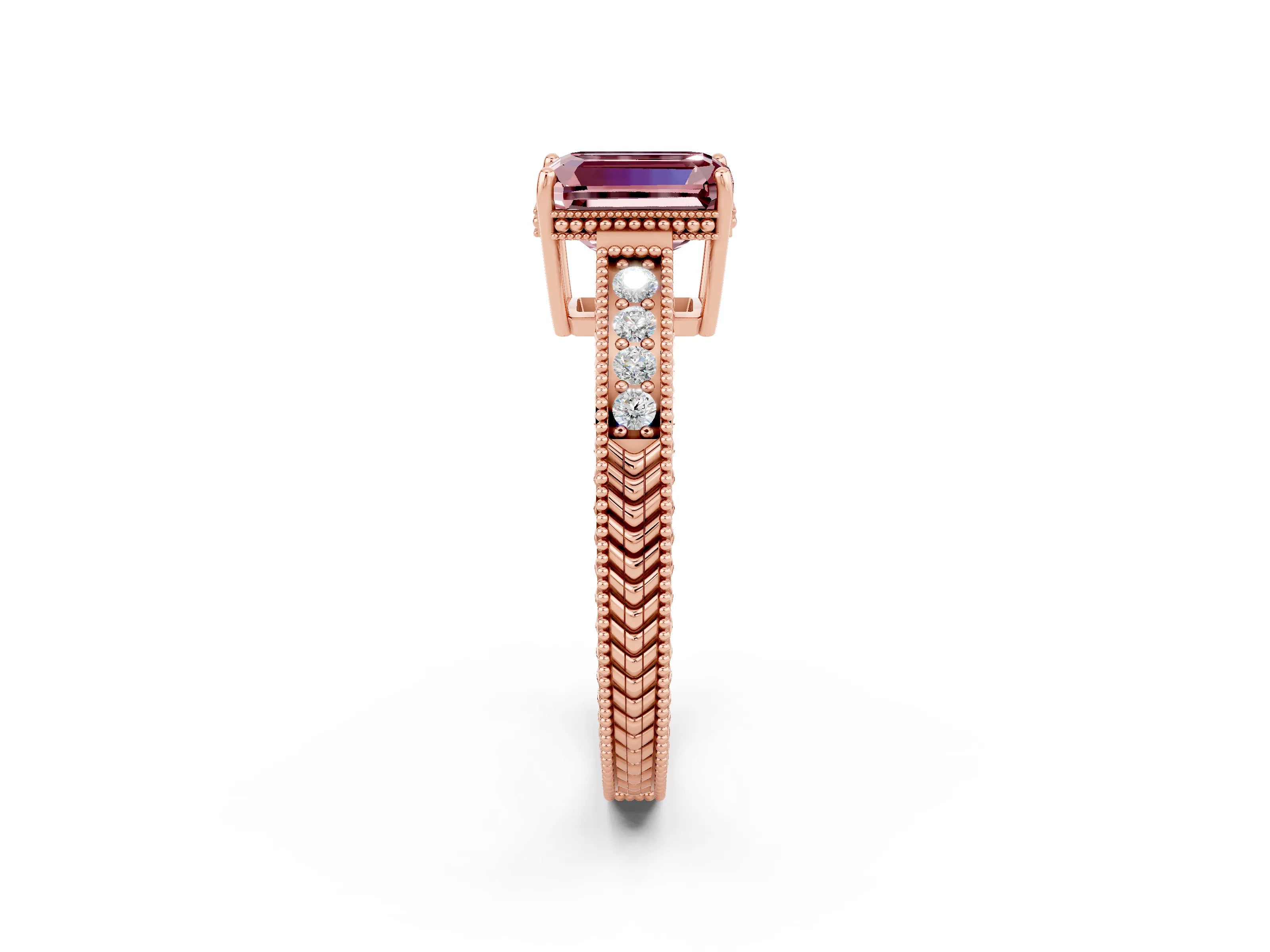Rose gold Emerald Cut Morganite Engagement Ring with Milgrain Channel Set Band and Prong Setting_2