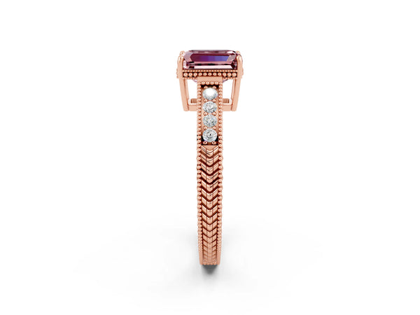 Rose gold Emerald Cut Morganite Engagement Ring with Milgrain Channel Set Band and Prong Setting