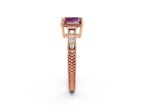 Rose gold Emerald Cut Morganite Engagement Ring with Milgrain Channel Set Band and Prong Setting_2
