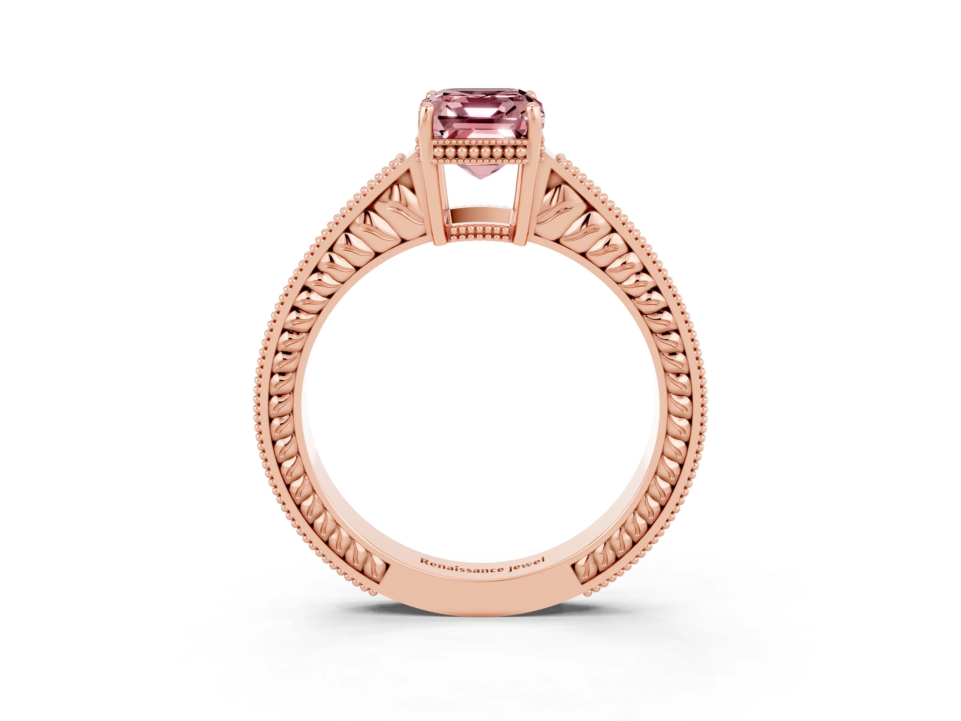 Rose gold Emerald Cut Morganite Engagement Ring with Milgrain Channel Set Band and Prong Setting_3