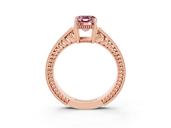 Rose gold Emerald Cut Morganite Engagement Ring with Milgrain Channel Set Band and Prong Setting