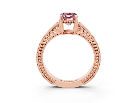 Rose gold Emerald Cut Morganite Engagement Ring with Milgrain Channel Set Band and Prong Setting_3