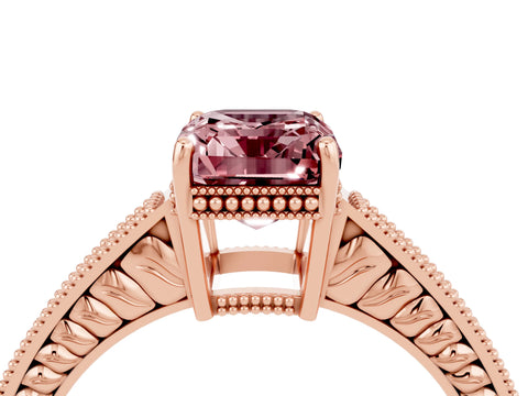 Rose gold Emerald Cut Morganite Engagement Ring with Milgrain Channel Set Band and Prong Setting_4