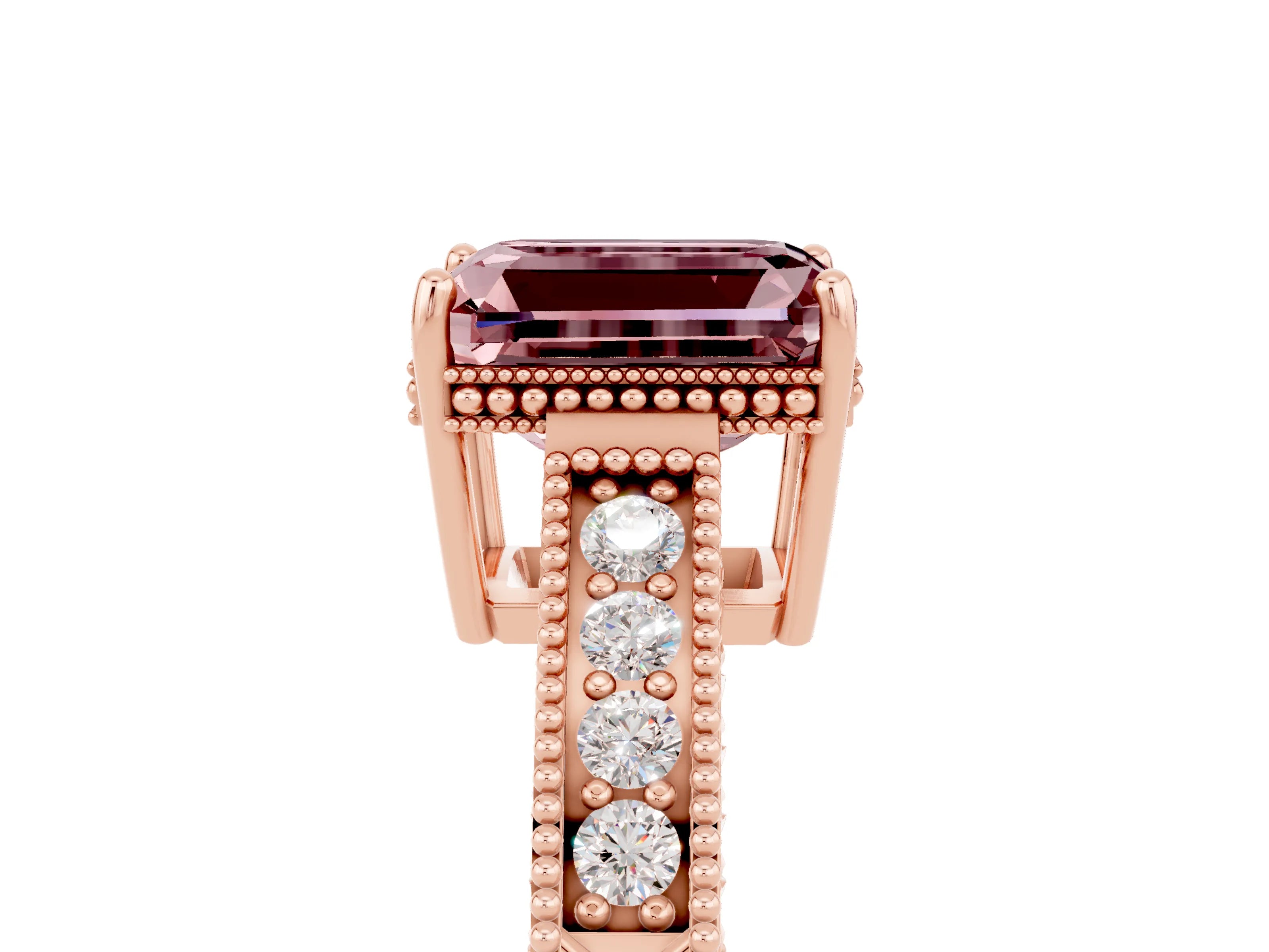 Rose gold Emerald Cut Morganite Engagement Ring with Milgrain Channel Set Band and Prong Setting_5