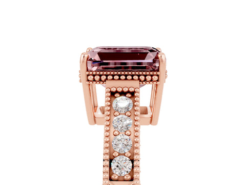 Rose gold Emerald Cut Morganite Engagement Ring with Milgrain Channel Set Band and Prong Setting_5