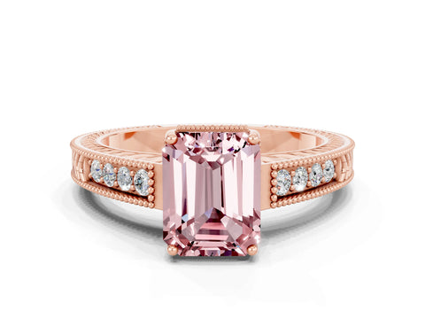 Rose gold Emerald Cut Morganite Engagement Ring with Milgrain Channel Set Band and Prong Setting