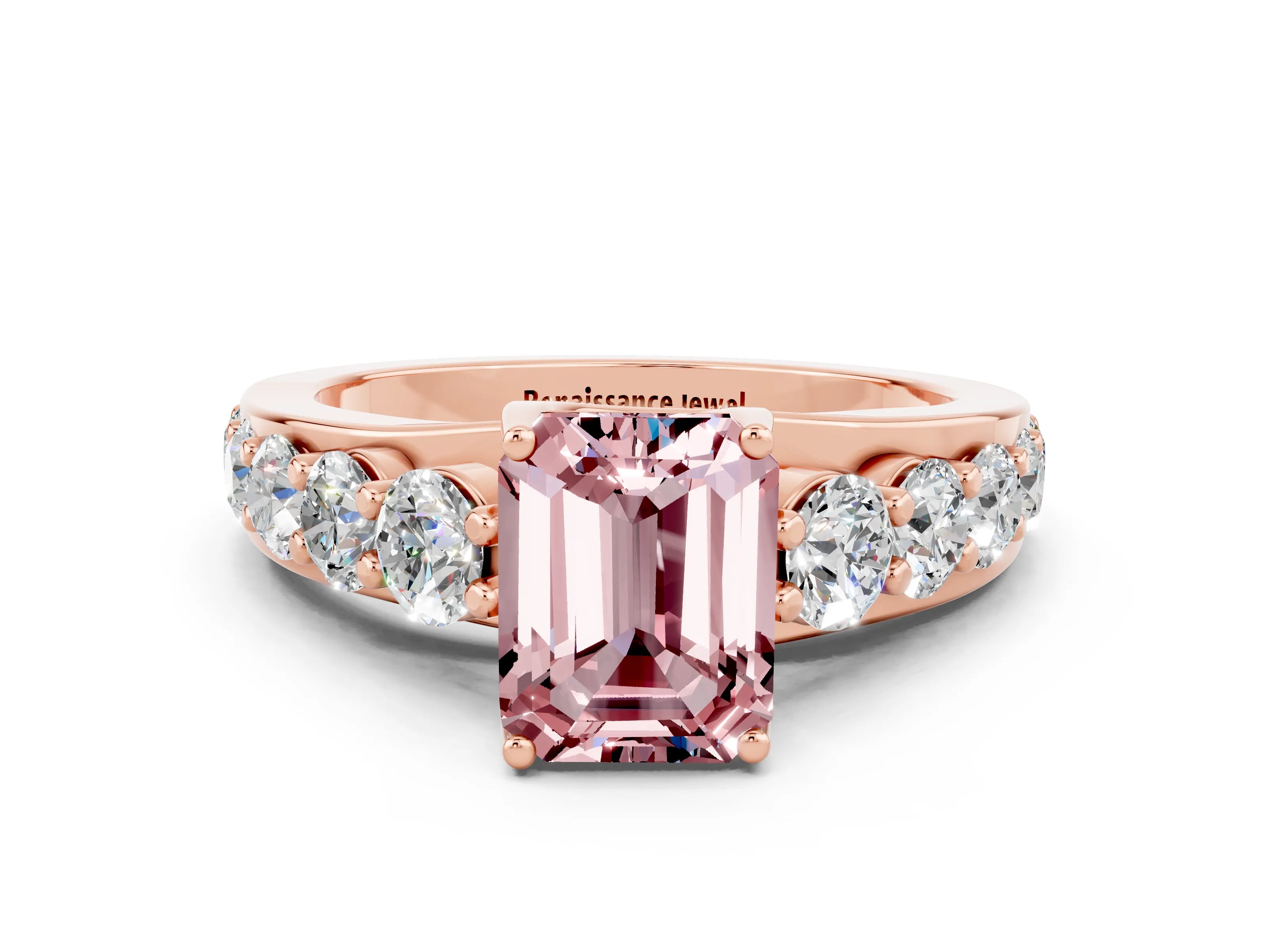 Rose gold Emerald Cut Morganite Engagement Ring with Pavé Band and Four-Prong Setting