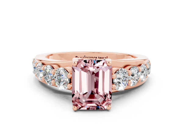 Rose gold Emerald Cut Morganite Engagement Ring with Pavé Band and Four-Prong Setting