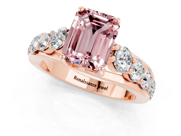 Rose gold Emerald Cut Morganite Engagement Ring with Pavé Band and Four-Prong Setting