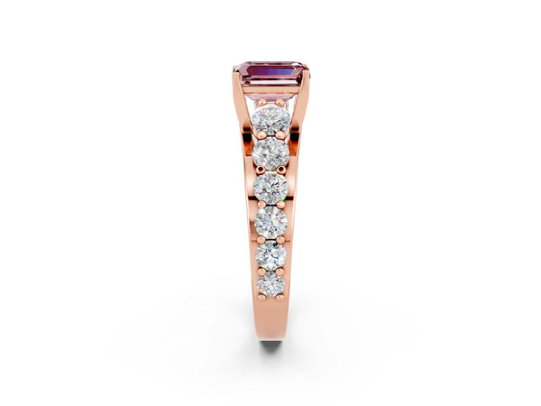 Rose gold Emerald Cut Morganite Engagement Ring with Pavé Band and Four-Prong Setting