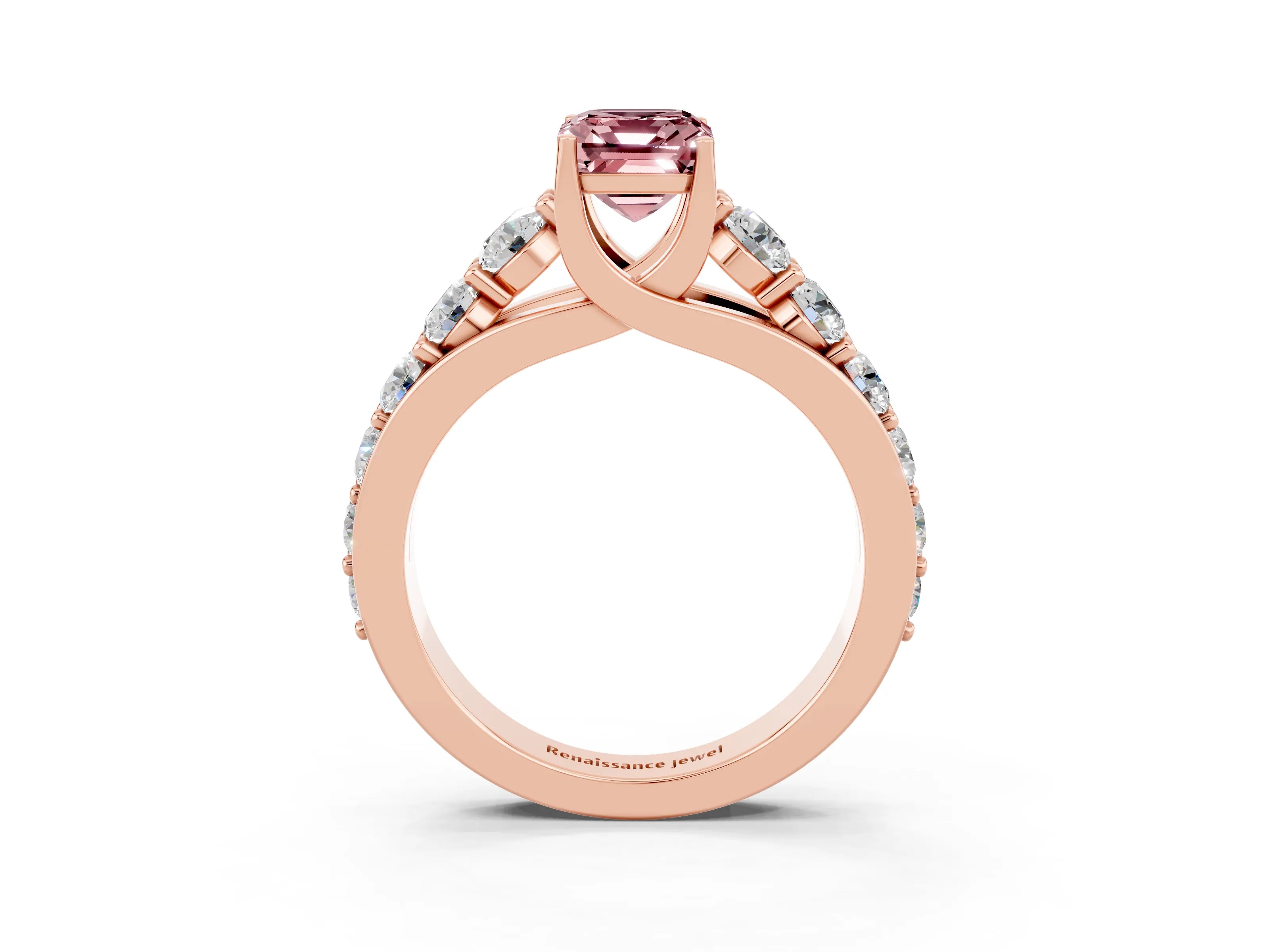 Rose gold Emerald Cut Morganite Engagement Ring with Pavé Band and Four-Prong Setting_3