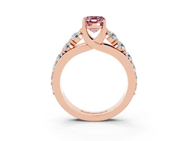 Rose gold Emerald Cut Morganite Engagement Ring with Pavé Band and Four-Prong Setting