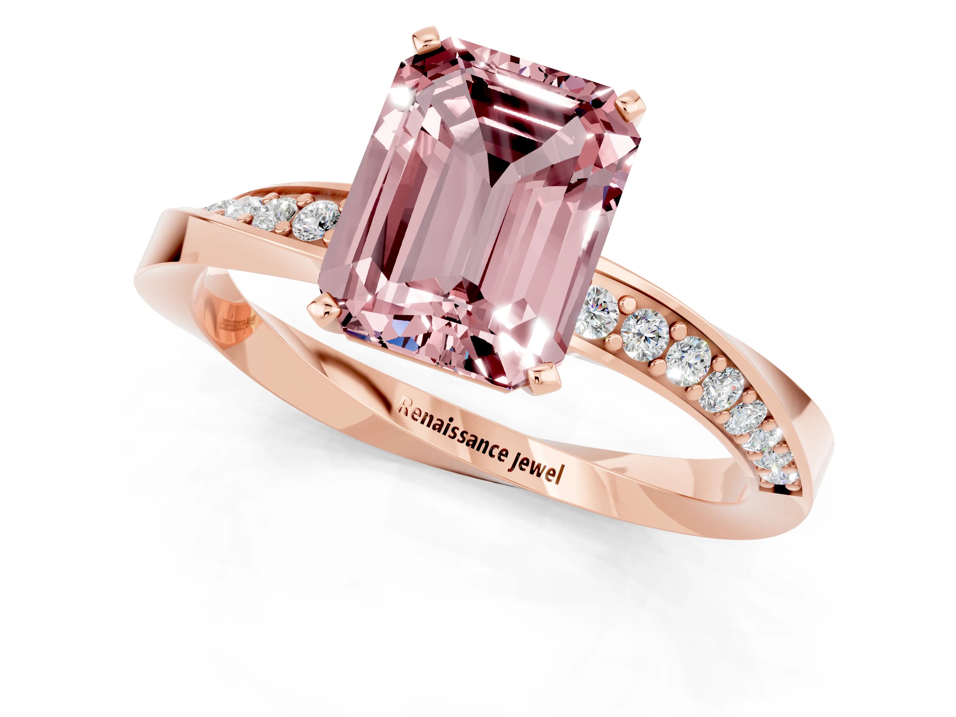 Rose gold Emerald Cut Morganite Engagement Ring with Side Stone Accents and Four-Prong Setting_28