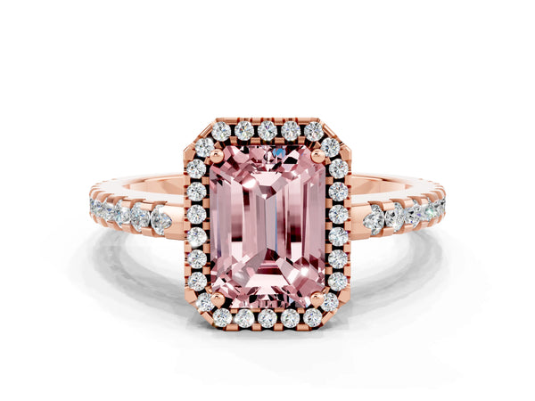 Rose gold Emerald Cut Morganite Halo Engagement Ring with Pavé Band and Prong Setting