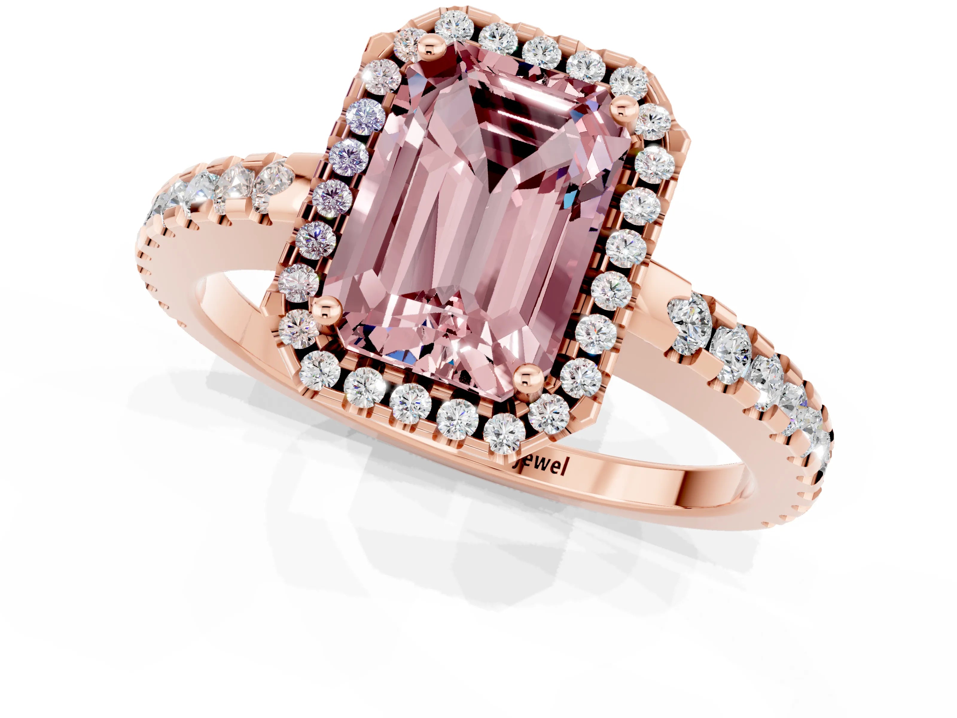 Rose gold Emerald Cut Morganite Halo Engagement Ring with Pavé Band and Prong Setting_13