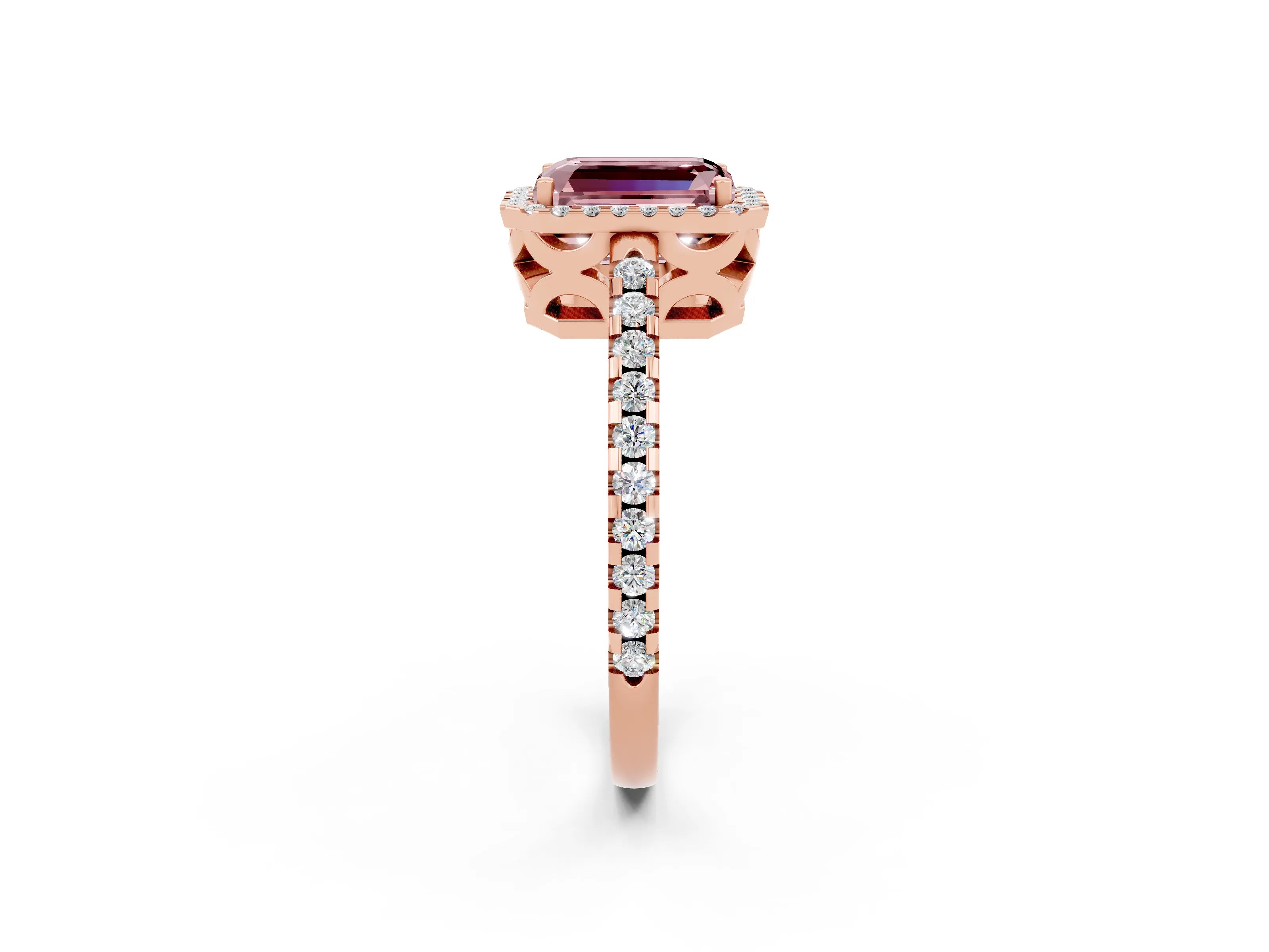 Rose gold Emerald Cut Morganite Halo Engagement Ring with Pavé Band and Prong Setting_14