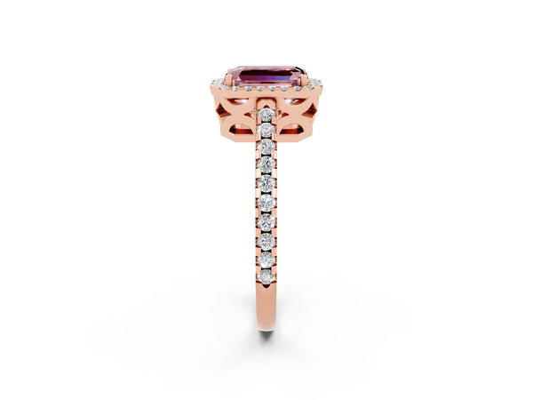 Rose gold Emerald Cut Morganite Halo Engagement Ring with Pavé Band and Prong Setting