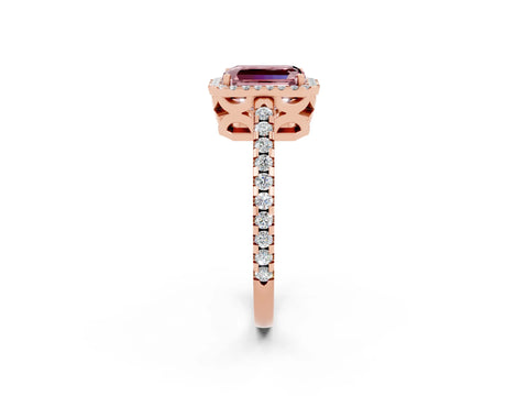 Rose gold Emerald Cut Morganite Halo Engagement Ring with Pavé Band and Prong Setting_14