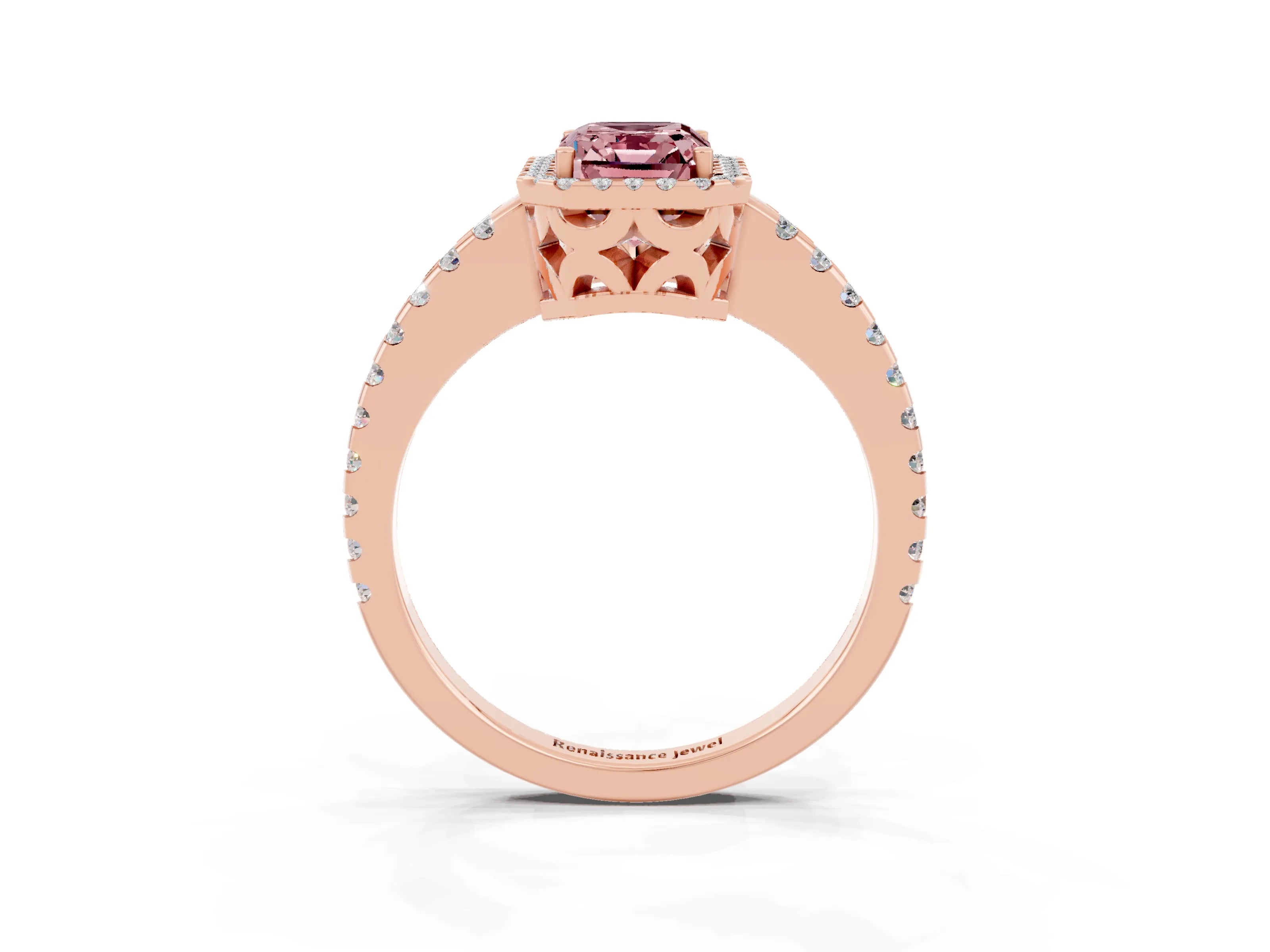 Rose gold Emerald Cut Morganite Halo Engagement Ring with Pavé Band and Prong Setting_15