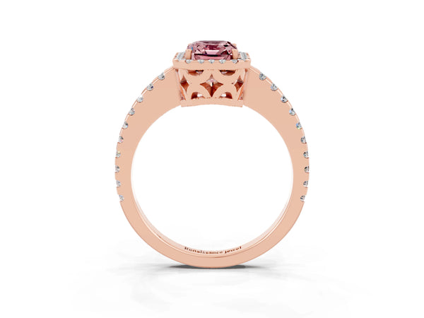 Rose gold Emerald Cut Morganite Halo Engagement Ring with Pavé Band and Prong Setting