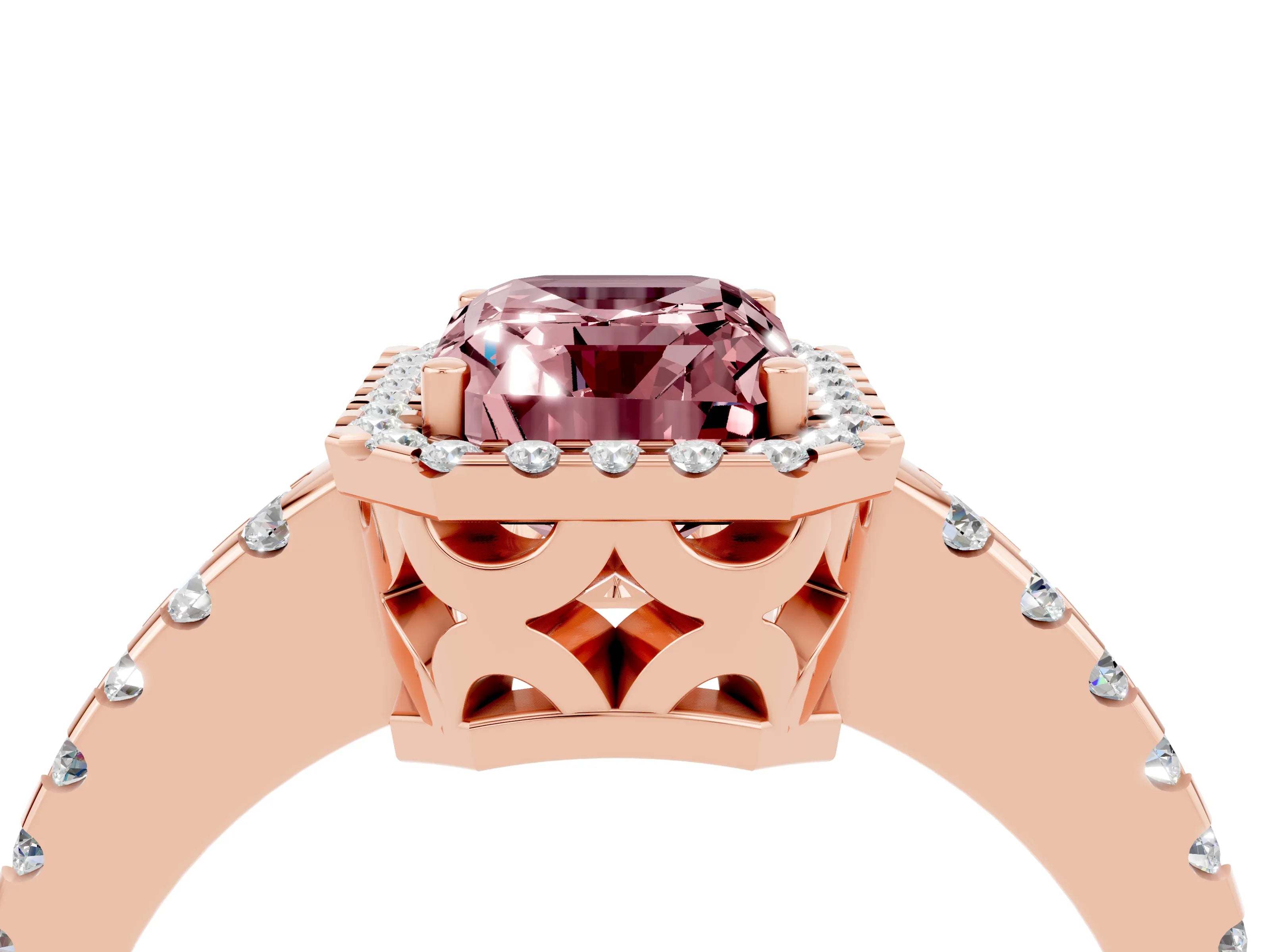 Rose gold Emerald Cut Morganite Halo Engagement Ring with Pavé Band and Prong Setting_16