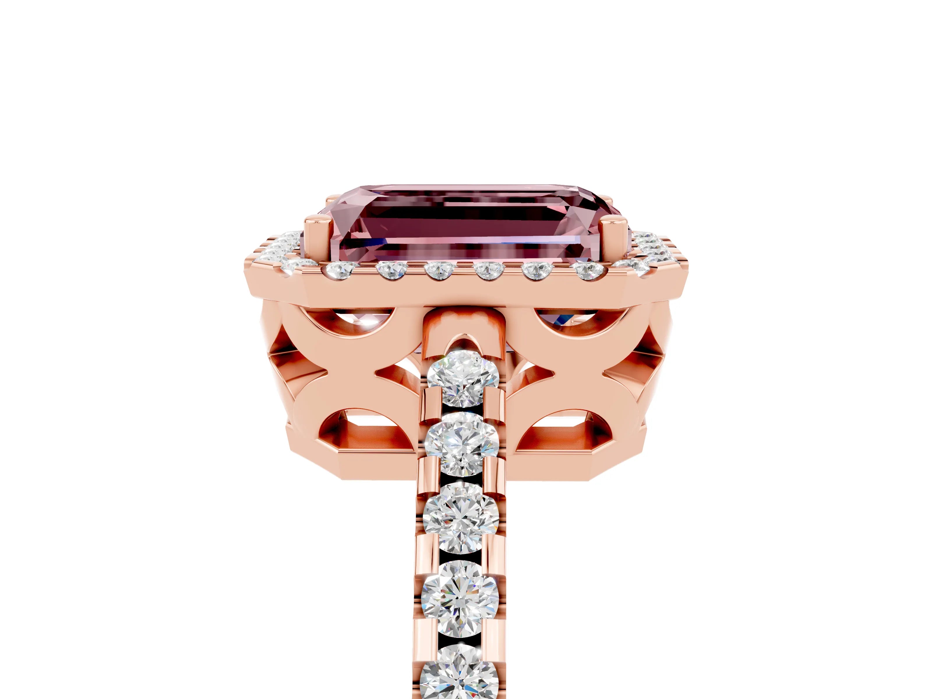 Rose gold Emerald Cut Morganite Halo Engagement Ring with Pavé Band and Prong Setting_17