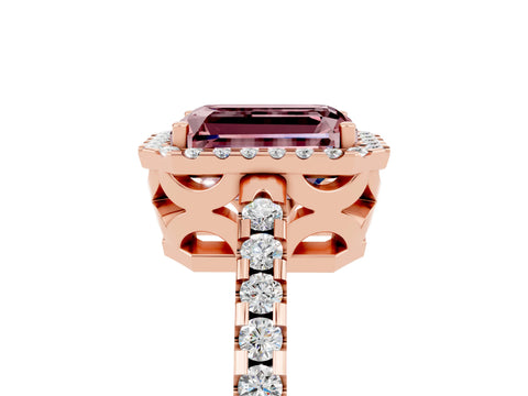 Rose gold Emerald Cut Morganite Halo Engagement Ring with Pavé Band and Prong Setting_17