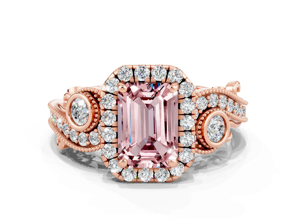 Rose gold Emerald Cut Morganite Halo Ring with Milgrain Pavé Band and Four-Prong Setting
