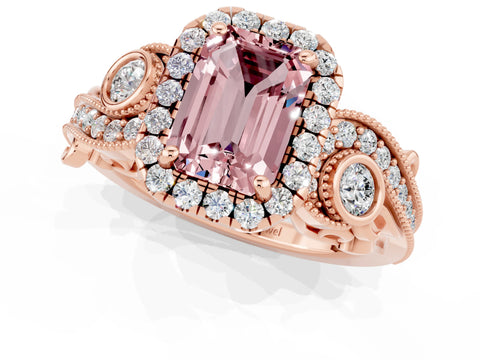 Rose gold Emerald Cut Morganite Halo Ring with Milgrain Pavé Band and Four-Prong Setting_13