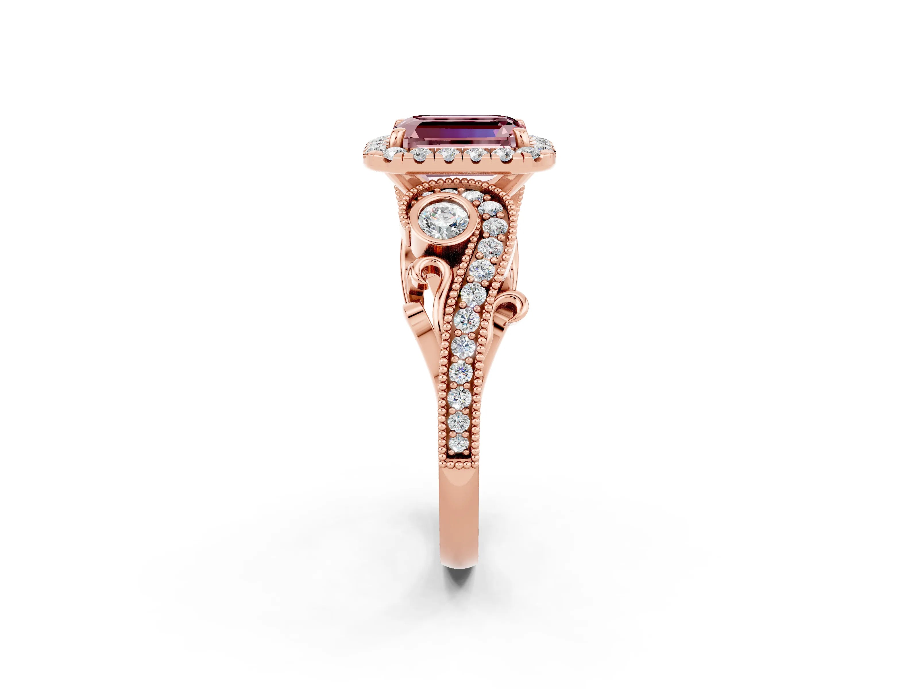 Rose gold Emerald Cut Morganite Halo Ring with Milgrain Pavé Band and Four-Prong Setting_14