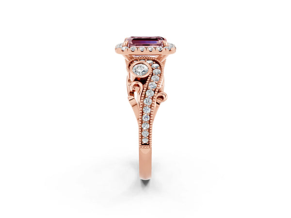 Rose gold Emerald Cut Morganite Halo Ring with Milgrain Pavé Band and Four-Prong Setting