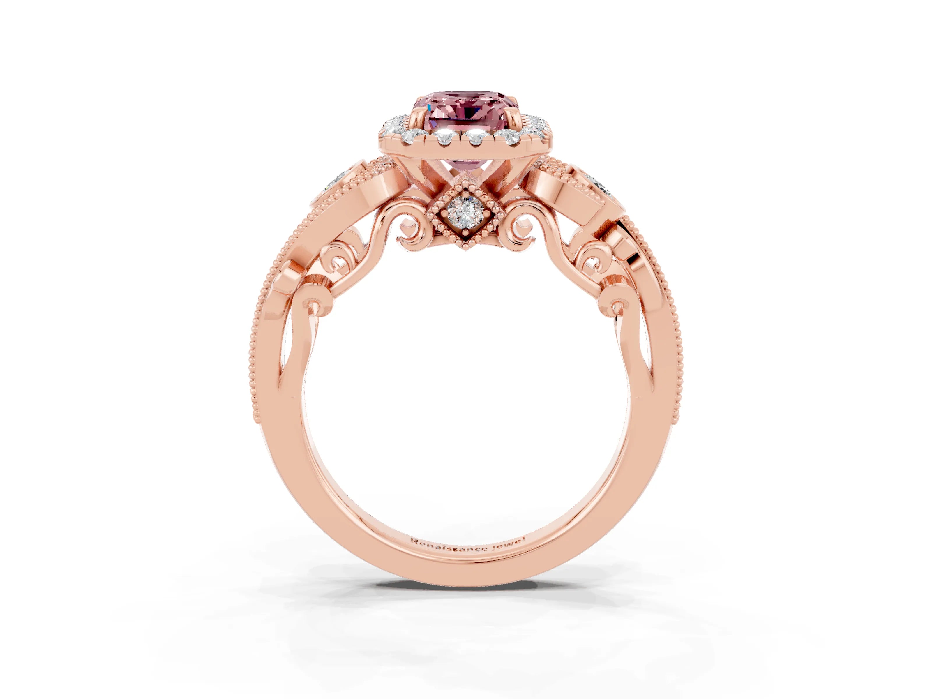 Rose gold Emerald Cut Morganite Halo Ring with Milgrain Pavé Band and Four-Prong Setting_15