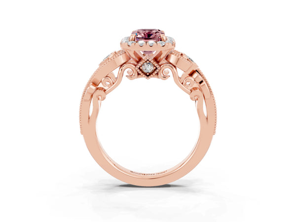 Rose gold Emerald Cut Morganite Halo Ring with Milgrain Pavé Band and Four-Prong Setting