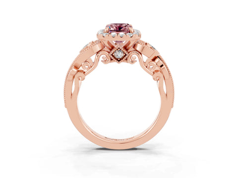 Rose gold Emerald Cut Morganite Halo Ring with Milgrain Pavé Band and Four-Prong Setting_15