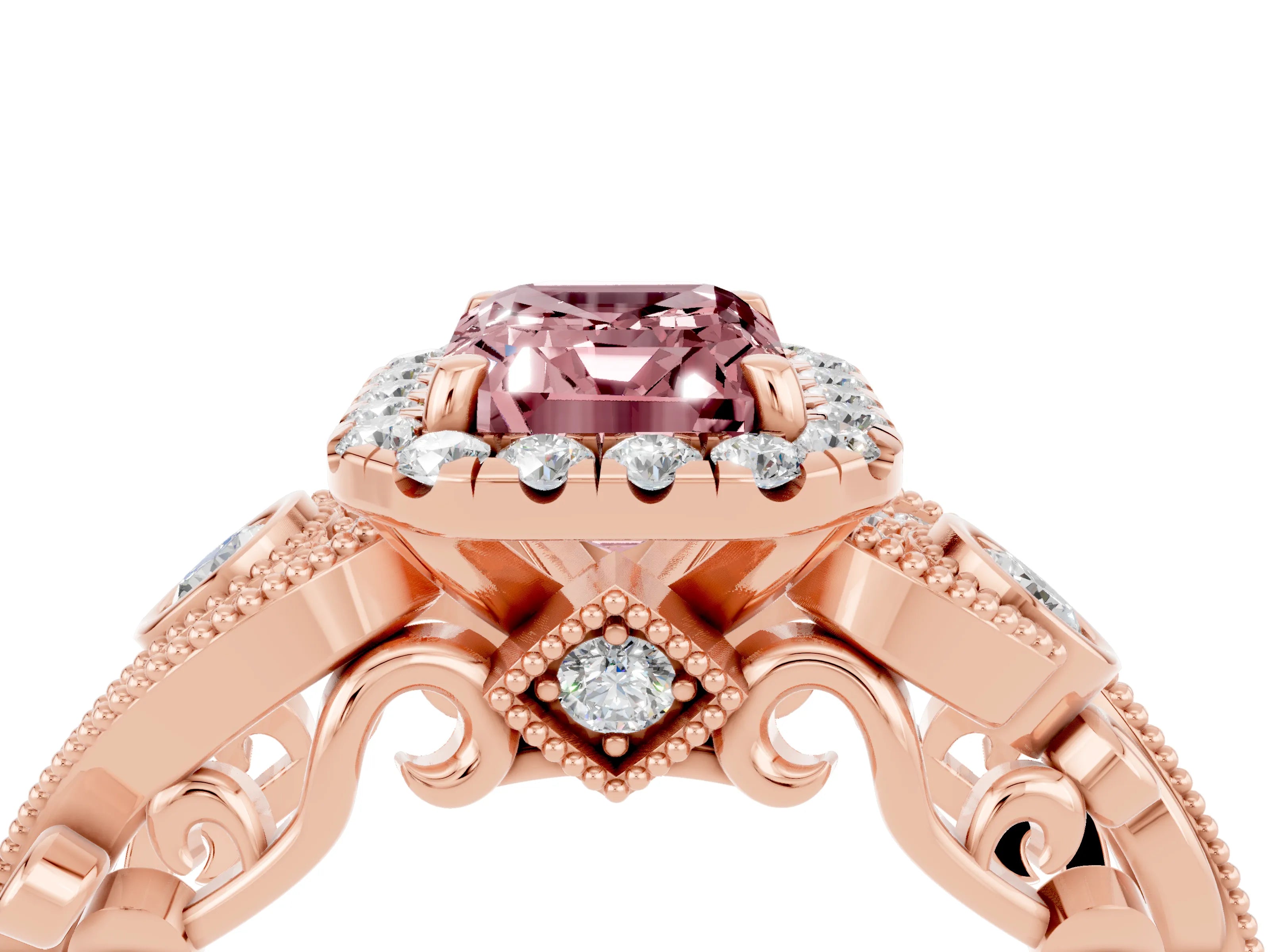 Rose gold Emerald Cut Morganite Halo Ring with Milgrain Pavé Band and Four-Prong Setting_16