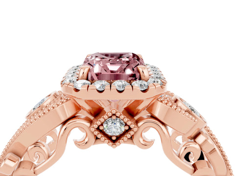 Rose gold Emerald Cut Morganite Halo Ring with Milgrain Pavé Band and Four-Prong Setting_16