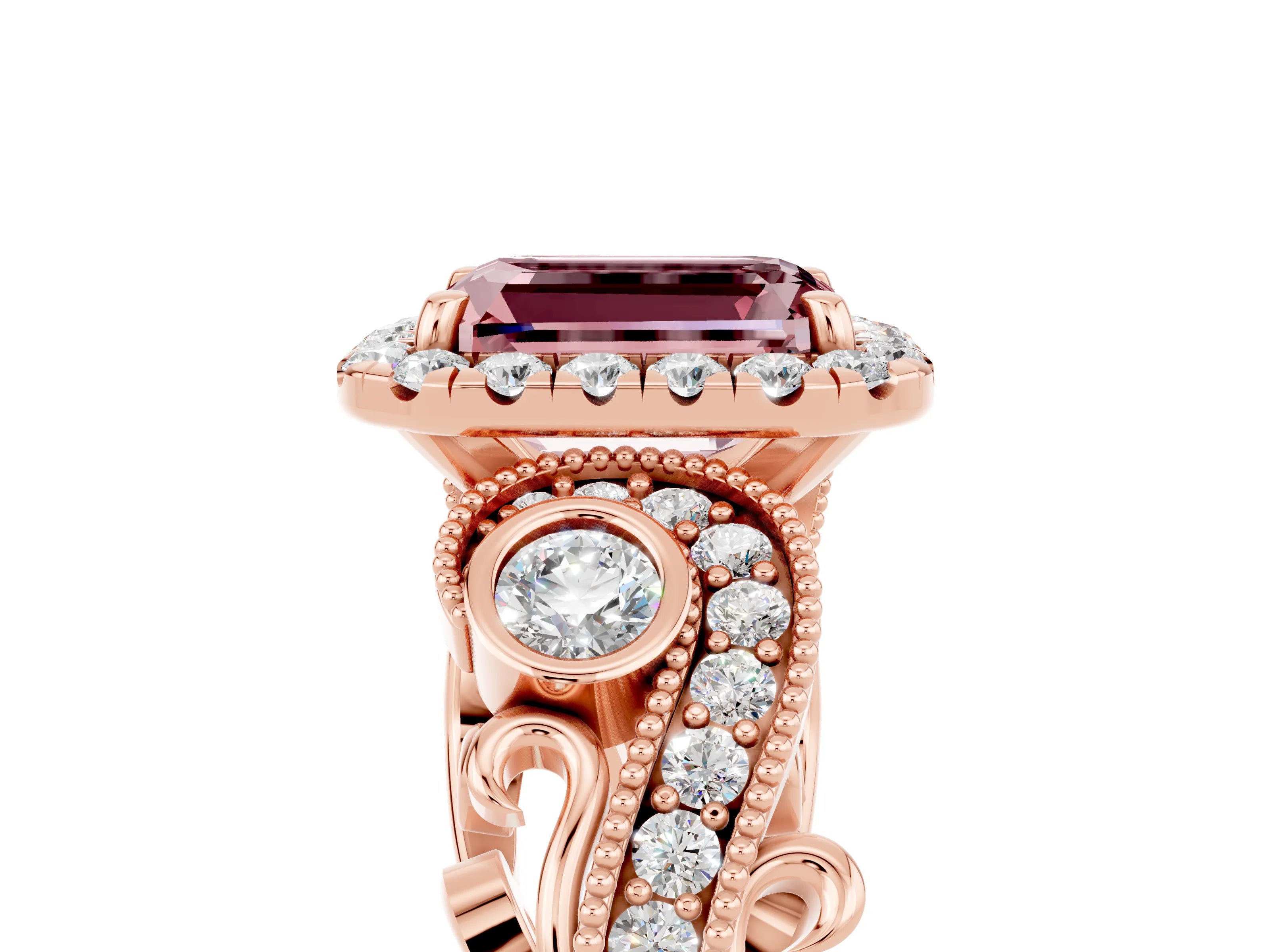 Rose gold Emerald Cut Morganite Halo Ring with Milgrain Pavé Band and Four-Prong Setting_17