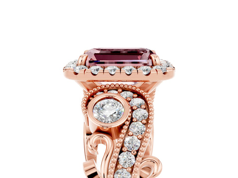 Rose gold Emerald Cut Morganite Halo Ring with Milgrain Pavé Band and Four-Prong Setting_17