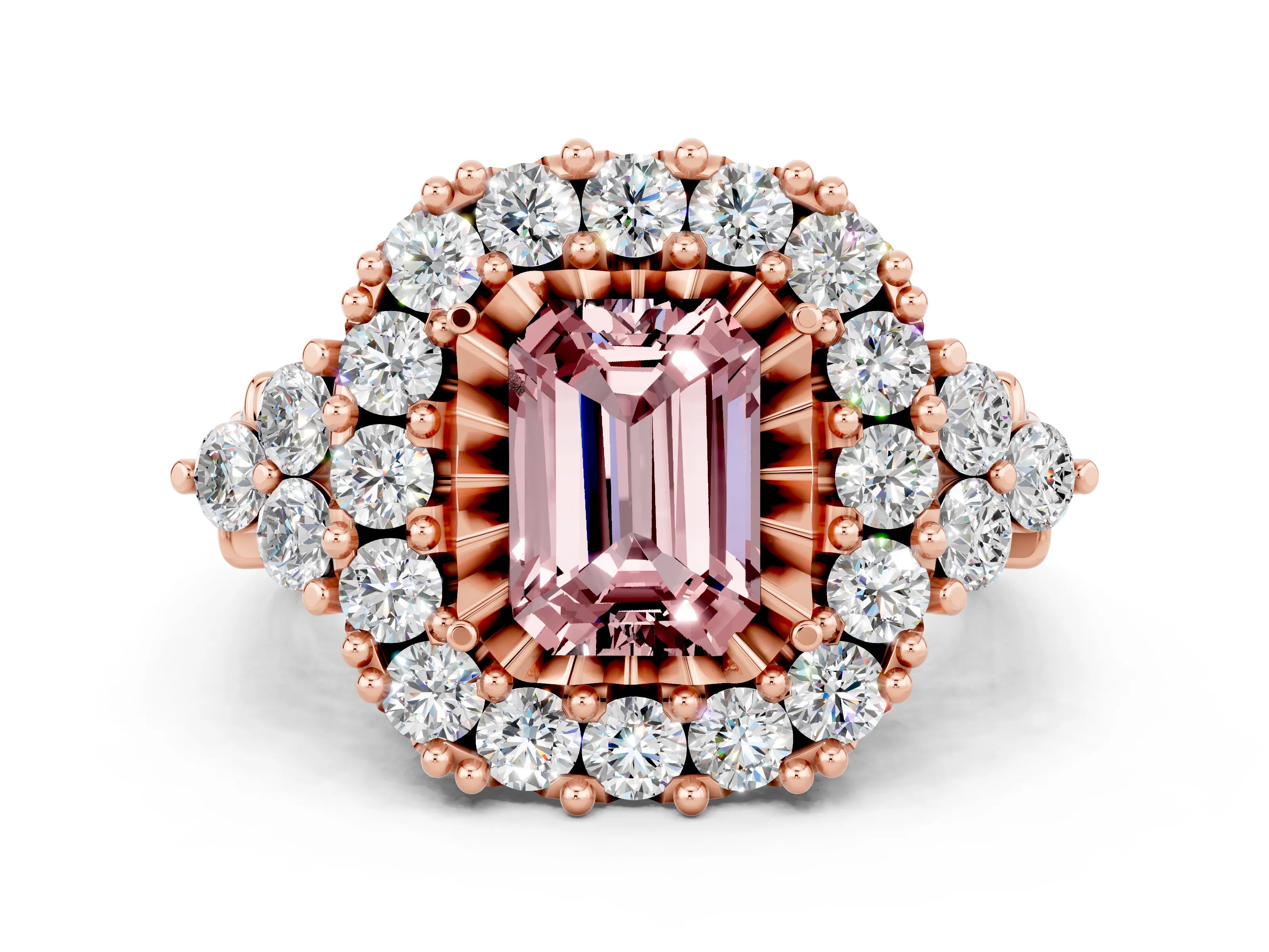 Rose gold Emerald Cut Morganite Halo Ring with Pavé Band and Four-Prong Setting_12