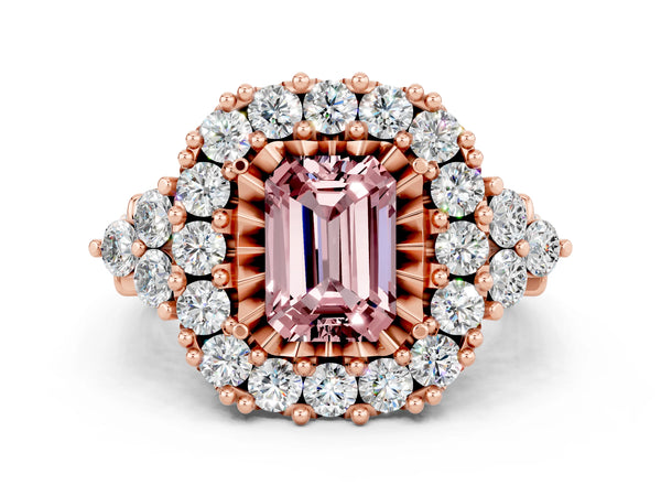 Rose gold Emerald Cut Morganite Halo Ring with Pavé Band and Four-Prong Setting