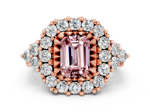 Rose gold Emerald Cut Morganite Halo Ring with Pavé Band and Four-Prong Setting_12